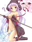 &gt;_&lt; 1girl :o ? anyannko bare_shoulders blue_eyes blush boots bow bow_panties breasts cat closed_eyes collarbone familiar gloves hair hat headgear highres kneel kneeling lavender_hair long_hair looking_at_viewer navel nipples no_bra original panties panty_pull purple_eyes pussy small_breasts solo staff star uncensored underwear very_long_hair wardrobe_malfunction white_background witch witch_hat