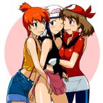  3girls :d ;) ;d alternate_eye_color bandana bare_legs bare_shoulders beanie bike_shorts blue_eyes blue_hair blush breasts brown_eyes brown_hair camisole dawn denim denim_shorts eye_contact friends girl_sandwich gloves group_hug gym_leader hand_on_another&#039;s_face hand_on_face harem haruka_(pokemon) hat kakkii kasumi_(pokemon) legs long_hair looking_at_another looking_back love may misty multiple_girls mutual_yuri naughty_face neck nintendo one_eye_closed open_mouth orange_hair pink_skirt pokemon pokemon_(anime) pokemon_(game) pokemon_dppt pokemon_frlg pokemon_rgby pokemon_rse red_bandana red_bandanna red_shirt sandwiched shirt short_hair short_sleeves shorts side_ponytail skirt sleeveless smile threesome wince wink yuri 