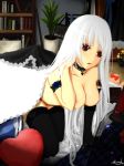  1girl albino all_fours breasts choker elbow_gloves gloves illusionk long_hair nipples original red_eyes solo stockings thighhighs topless white_hair 