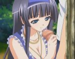 against_tree animated black_hair blue_eyes blush breasts censored cleavage dress forest gif handjob hentai hime-sama_gentei! jewelry long_hair lowres male/female nature necklace olivia_edywolf penis poro smile solo_focus stroking summer_dress sundress tree