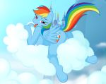 2012 breasts canterlot castle clouds cutie_mark equine female female_only friendship_is_magic furry hair looking_back multicolored_hair my_little_pony nipples nude open_mouth pegasus pose purple_eyes pussy rainbow_dash raised_tail sideboob sky tail tongue tongue_out whitmaverick wings