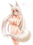 1girl animal_ears blush breasts glasses huge_breasts long_hair navel nipples nude original original_character pass_(suyaky) red_eyes signature simple_background solo tail very_long_hair white_background white_hair