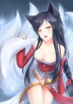  1girl ahri animal_ears bare_shoulders big_breasts black_hair braid breasts cleavage collarbone detached_sleeves dress facial_mark fang fingernails fox_ears fox_tail high_res highres kerasu korean_clothes large_breasts league_of_legends long_fingernails long_hair looking_at_viewer multiple_tails nail_polish open_mouth red_ribbon ribbon ricegnat shiny shiny_skin smile solo strapless_dress tail thighs tongue tongue_out whisker_markings yellow_eyes 