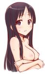  1girl akiyama_mio black_hair blue_eyes blush breast_hold breasts bust crossed_arms face ha-ru k-on! long_hair nipples nude simple_background solo sweat topless upper_body white_background 