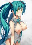  1girl absurd_res absurdres aqua_hair arm arms art babe bare_legs between_breasts big_breasts blush bottomless breasts breasts_out breasts_outside collared_shirt female framed_breasts green_eyes hair_ornament hatsune_miku high_res highres large_breasts legs lips long_hair looking_at_viewer matsui_hiroaki miku_hatsune mound_of_venus neck necktie nipples no_panties open_clothes open_mouth parted_lips shiny shiny_hair shiny_skin shirt simple_background sleeveless sleeveless_shirt solo tall_image twintails very_long_hair vocaloid 