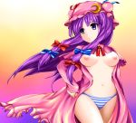  1girl blue_panties breasts crescent dress female hat high_res highres long_hair nipples no_bra open_clothes open_dress panties patchouli_knowledge purple_eyes purple_hair ribbon solo striped striped_panties touhou underwear yoshimo 
