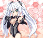  1girl aqua_eyes armpits bangs bare_shoulders black_gloves black_heart blue_eyes blush breasts choujigen_game_neptune cleavage cleavage_cutout compile_heart cowboy_shot elbow_gloves foreshortening gloves gradient gradient_background hair_between_eyes hair_ornament hand_on_own_chest high_res highres honeycomb_background honeycomb_pattern idea_factory kami_jigen_game_neptune_v leotard light_smile logo long_hair looking_at_viewer magical_girl neptune_(series) noire outstretched_arm shadow sidelocks sige-mi@sk sigemi smile solo symbol-shaped_pupils twin_tails twintails vambraces very_long_hair white_hair 
