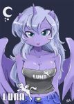  big_breasts blue_hair breasts cat clothing cutie_mark equine feline female friendship_is_magic hair horn human humanized jeans long_hair my_little_pony parody princess_luna shepherd0821 solo top winged_unicorn wings 