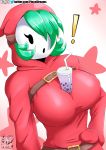  1girl belt between_breasts breasts cup dress drink green_eyes hair_over_one_eye hand_on_hip large_breasts mask nintendo red_dress shy_gal shy_guy super_mario_bros. surprised viejillox64art 