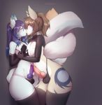  animal_genitalia animal_penis anthro bulge canid canine canine_penis clothed clothing collar crossdressing duo furry girly kissing knot legwear male male/male mammal penis standing stockings suelix thick_thighs tight_clothing underwear wide_hips 