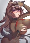  1girl amagi_(azur_lane) animal_ear_fluff animal_ears azur_lane bangs blunt_bangs blush bodysuit breasts brown_hair choker cleavage covered_navel fox_ears glowing glowing_eyes groin hand_on_own_chest large_breasts lips long_hair looking_at_viewer open_mouth outstretched_hand purple_eyes skin_tight 