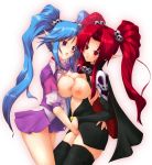 2_girls big_breasts blue_hair breast-to-breast breast_press breasts clothing elf female female_only fingering hair hair_ornament high_res high_resolution highres kuku_px multiple_girls nipples open_clothes open_shirt photoshop_(medium) pointed_ears pointy_ears purple_eyes red_eyes red_hair shirt skull skull_hair_ornament stockings symmetrical_docking thighs tied_hair tongue touhou twin_tails yuri zettai_ryouiki