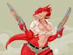 2011 4:3 absurd_res anthro big_breasts breasts claws cleavage clothed clothing dog_tags dragon dragonborn_(dnd) dungeons_and_dragons female fydbac gun hair hasbro hi_res holding_gun holding_object holding_weapon horn knife markings military muscular muscular_anthro muscular_female non-mammal_breasts ranged_weapon roselyn_(fydbac) scalie scar shotgun simple_background solo tail teeth weapon wizards_of_the_coast