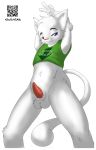 1boy bottomless bottomless_anthro bottomless_male cat cat_boy cat_ears cat_tail edis_krad furry gay male penis pose qr_code solo tail tank_top white_background white_body white_fur