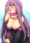  1girl armband bare_shoulders blindfold breasts cleavage detached_sleeves dress facial_mark fate/stay_night fate_(series) forehead_mark large_breasts long_hair marimo_danshaku outstretched_arm peeking_out purple_eyes purple_hair rider sitting stockings thighhighs very_long_hair 