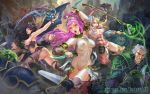  armor arms_up ass bare_shoulders black_hair blonde_hair breasts cleavage collar curly_hair fire_emblem jewelry judash137 long_hair looking_at_viewer maribelle_(fire_emblem) multiple_girls navel nintendo nude olivia open_mouth outstretched_arms panties pink_hair pubic_hair pussy tharja thighs toned underwear weapon 
