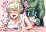 1boy 1girl apron ass ass_grab bed_sheet bent_over big_breasts blonde_hair blush braid breast_rest breasts cleavage clothing doggy_position elf female french_braid from_behind green_eyes groping h_kasei hadaka_apron heart hetero long_hair male male/female moaning monster naked_apron nude open_mouth orc original pointed_ears sex sex_from_behind sheet_grab short_hair solo_focus sweat taken_from_behind tears tied_hair tongue trembling wavy_mouth