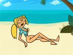 beach big_breasts blonde_hair bottomless bridgette_(tdi) cartoon_network green_eyes hourglass_figure light-skinned_female long_blonde_hair long_hair ocean ponytail pubic_hair pussy solo surfer_girl thick_ass thick_legs thick_thighs total_drama_island