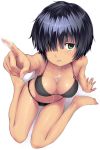 1girl arm_support barefoot big_breasts bikini black_hair breasts bust_cup cleavage drooling feet foreshortening from_above green_eyes hair_over_one_eye high_res highres large_breasts navel nazo_no_kanojo_x o-ring_top outstretched_hand pointing saliva shiny shiny_skin short_hair shouin sitting solo sun_tattoo swimsuit tan tan_line tanline urabe_mikoto wariza white_background 