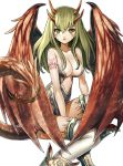  1girl :o bare_shoulders between_legs big_breasts boots breasts cleavage collarbone dragon_girl dragon_horns dragon_maker dragon_tail facial_mark green_eyes green_hair horns large_breasts long_hair looking_at_viewer matsui_hiroaki monster_girl open_mouth simple_background sitting solo stockings tail tattoo thighhighs white_background white_legwear wings 