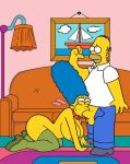 blue_hair fellatio hands_and_knees homer_simpson marge_simpson pearls the_simpsons yellow_skin
