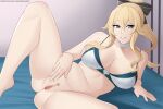 1girl alluring aslind_samure aslindsamure bare_legs big_breasts blonde_hair blue_eyes bow bra breasts choker cleavage collarbone female_focus female_masturbation female_only genshin_impact hair_ribbon hairbow jean_gunnhildr leaning_back leaning_on_hand legs_apart lingerie long_hair naked_from_the_waist_down on_back on_side ponytail pussy solo_female solo_focus tied_hair
