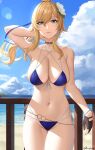  1girl alluring big_breasts bikini blonde_hair blue_eyes female_only genshin_impact hair_ornament hand_behind_head jean_gunnhildr looking_at_viewer midriff ponytail side-tie_bikini solo_female swimsuit thick thick_thighs thighs zaphn 