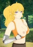  1girl blonde_hair breasts flashing looking_at_viewer necromalock outside partially_clothed prosthesis prosthetic_arm purple_eyes robotic_arm rwby yang_xiao_long yellow_hair 