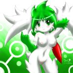  2009 belly blush breasts female green_eyes green_hair hair midriff mn_xenx mn_xenx_(artist) navel nude pokemon pokemorph shaymin shaymin_sky_forme sky_form solo 