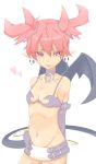  1girl :p bad_id bare_shoulders bat_wings belly bikini_top collar demon_girl disgaea earrings elbow_gloves etna flat_chest gloves hair heart highres jewelry looking_at_viewer microskirt midriff navel pink_eyes pink_hair pointy_ears short_hair skirt small_breasts solo tail tongue tongue_out tsunotsuki_(uguisu_maccha) twin_tails twintails white_background wings 