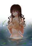  1girl amayofuu breasts brown_hair collarbone covering covering_breasts drill_hair flower hands_on_breasts leaf long_hair navel nude original purple_eyes solo submerged wading water wavy_hair 