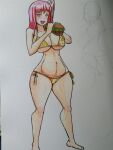  1girl ass bikini breasts dead_or_alive eating hamburger hips honoka honoka_(doa) huge_ass huge_breasts inkrait_(artist) looking_at_viewer navel thick_thighs thighs wide_hips 