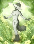  anthro blackfury female forest furry mightyena nude pokemon pokemorph red_eyes solo standing tree wood 