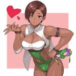  1girl 1girl alluring blush brown_eyes brown_hair dark_skin dead_or_alive heart kissing leather lisa_hamilton luchador mariposa mask muscular one_eye_closed open_mouth pink_background pose short_hair tecmo umaguti wrestling wrestling_outfit 