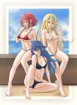 3_girls alluring bangs bare_shoulders barefoot big_breasts bikini blonde_hair blue_bikini blue_eyes blue_hair breasts chest_jewel closed_mouth collarbone crossover fire_emblem fire_emblem_awakening full_body hair_between_eyes hair_ornament high_res long_hair looking_at_viewer lucina lucina_(fire_emblem) multiple_girls mythra mythra_(xenoblade) navel nintendo open_mouth pomelomelon pyra pyra_(xenoblade) red_bikini red_eyes red_hair short_hair sitting small_breasts smile super_smash_bros. swept_bangs swimsuit thighs white_bikini xenoblade_(series) xenoblade_chronicles_(series) xenoblade_chronicles_2 yellow_eyes