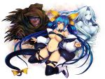  1girl :o arc_system_works bare_shoulders big_breasts blue_hair boots bow breasts cleavage dizzy guilty_gear hair_bow kara_(color) large_breasts long_hair navel necro necro_(guilty_gear) open_mouth red_eyes stockings tail thighhighs undine undine_(guilty_gear) very_long_hair 