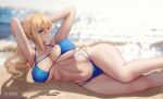 1girl 2022 alluring alternate_breast_size arms_up artist_signature azto_dio big_breasts blonde_hair blue_eyes breasts female_only genshin_impact hips jean_gunnhildr medium_hair slim_waist stretching thick_thighs thighs wide_hips