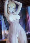  1girl adjusting_hair armpits arms_up babydoll blonde_hair blue_eyes blush breasts candle female_only genshin_impact human jean_gunnhildr lingerie nashidrop negligee night nightgown panties ponytail seductive seductive_smile see-through see-through_clothing smile solo_female underwear white_panties wide_hips 