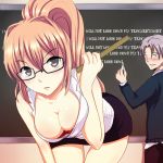  1boy 1girl bent_over big_breasts blush bra breasts brown_hair chalk chalkboard cleavage collarbone down_blouse downblouse english english_text glasses hair hair_intakes huge_breasts lace-trimmed_bra looking_at_viewer miniskirt missnips original pencil_skirt ponytail red_bra ruler school silver_hair skirt teacher teacher_and_student text thigh_gap thighs underwear 