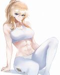 1girl 1girl abs alluring arm_support athletic_female bare_arms big_breasts blonde_hair blue_eyes breasts cleavage closed_mouth crop_top expressionless female_abs fit_female genshin_impact high_res jean_(genshin_impact) jean_gunnhildr long_hair looking_at_viewer midriff pants ponytail sidelocks simple_background sitting tank_top tommy_(kingdukeee) white_legwear white_pants white_tank_top 