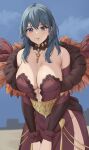 1girl alluring alternate_costume amayo_thranana bangs bare_shoulders big_breasts blue_eyes byleth_(fire_emblem) byleth_(fire_emblem)_(female) cleavage collarbone cornelia_arnim_(cosplay) cosplay dress feathers female_only fire_emblem fire_emblem:_three_houses high_res jewelry key_necklace long_sleeves looking_at_viewer medium_hair necklace nintendo off-shoulder_dress off_shoulder plunging_neckline red_dress smile teal_hair thighs thrananaart