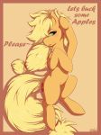 2011 applejack_(mlp) blackfury blonde_hair blush cutie_mark english_text equine female feral friendship_is_magic green_eyes hair hooves horse long_hair looking_at_viewer lying my_little_pony on_back plain_background pony ponytail smile solo text
