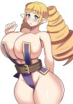 1girl archer_(disgaea) big_breasts bimbo bitch blonde_female blonde_hair blue_eyes breasts cleavage disgaea gigantic_breasts high_res highleg highleg_leotard hips horny huge_breasts huge_hips leotard looking_at_viewer milf nippon_ichi_software revealing_clothes revealing_clothing sexy slut thighs thong_leotard white_background whore wide_hips ytrall