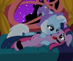  ball_gag bdsm bed bondage bound cutie_mark drooling equine female friendship_is_magic gag hair hat horn horse long_hair looking_at_viewer multicolored_hair my_little_pony pony purple_eyes pyruvate saliva tail trixie twilight_sparkle yuri 