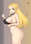  1girl against_wall alluring alternate_breast_size artist_name ass big_breasts bikini bikini_top_only blonde_hair blue_eyes breasts chronosth1 elf female_only from_side gummslime legs long_hair looking_at_viewer masterdoodle naked_from_the_waist_down nintendo pink_lips pointy_ears princess princess_zelda sensual sideboob smile swimsuit the_legend_of_zelda thighs thong 
