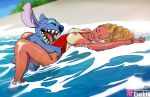  1boy 1girl alien alx_(fuckit) beach blonde blonde_hair breasts exposed_breasts female female_human female_human/male_alien fuckit_(artist) human human/alien interspecies lifeguard lifeguard_(lilo_and_stitch) lilo_and_stitch lying male male/female mostly_nude one-piece_swimsuit outdoor outdoor_sex outside red_swimsuit sex stitch swimsuit swimsuit_aside tan_line 