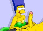 1boy 1girl balls big_breasts blue_hair breasts cleavage clothed curvy evilweazel_(artist) green_dress hands_on_legs high_resolution huge_breasts imminent_fellatio licking_lips long_hair long_penis marge_simpson milf penis revealing_clothes sexy skin_tight slut the_simpsons tongue yellow_skin