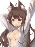 1girl :o ahoge animal_ears big_breasts blush breasts brown_hair bust cat_ears chestnut_mouth cleavage dress_shirt large_breasts long_hair no_bra open_clothes open_shirt original pink_eyes shirt simple_background solo stretch tsliuyixin tsurime uneven_eyes upper_body waking_up white_background 
