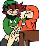 brown_hair cum erick_(oc) erickverse gay_sex green_clothes green_hat grey_pants headphones hiper_(oc) jp20414(artist) orange_clothes table tentacle_dick traced white_background yaoi