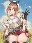 1girl :d absurd_res atelier_(series) atelier_ryza bangs belt belt_buckle beret big_breasts bird blue_belt blush breasts brown_belt brown_eyes brown_gloves brown_hair buckle cleavage clothed_female cloud cloudy_sky collarbone commentary cowboy_shot day eyebrows_visible_through_hair female_focus female_only gloves hair_ornament hairclip hands_up hat high_res hip_focus hood hood_down hooded_jacket jacket jewelry leather leather_belt leather_gloves looking_at_viewer midriff_peek navel_cutout necklace open_mouth outside pose pouch red_shorts reisalin_stout renzu_(lens_02) round-bottom_flask shirt short_hair short_shorts shorts shoulder_cutout single_glove sky smile solo_female solo_focus star star_necklace stockings tagme teen thigh_gap thigh_pouch thighs tsurime upper_teeth vial video_game_character video_game_franchise white_headwear white_legwear white_shirt wind wristband yellow_jacket